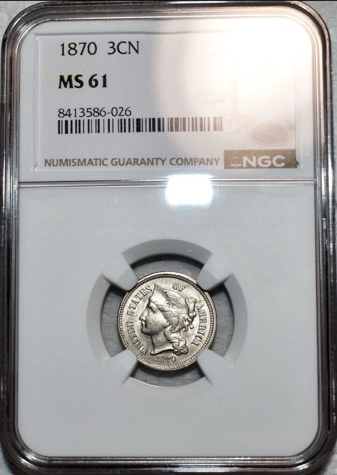 NGC MS-61 1870 Nickel Three Cent Piece, Highly Lustrous, Attractive beautiful - Image 1 of 4