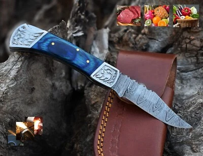 Damascus handmade Back Lock Folding Pocket knife Camping Hunting knife & Pouch - Image 1 of 4