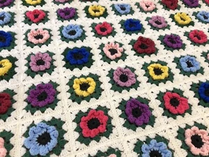 Hand-Crochet Multi-Color Granny Square Floral Blanket Throw 69x82" (RF982) - Picture 1 of 10