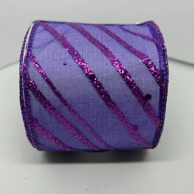 New 2.5" x 25' Wired Ribbon Sheer Lavender Purple W/ Fuchsia Pink Glitter Stripe - Image 1 of 3