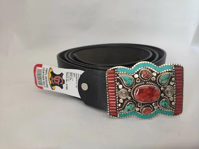 Cinturón Tibetano Plata Hebilla Cuero Cintura Trampa Turquesa Coral Cierre, B24 Foto 1 de 3