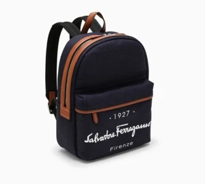 $1690 FERRAGAMO NAVY DENIM CANVAS TAN LEATHER TRIM 1927 FIRENZE LOGO BACKPACK - Picture 1 of 13