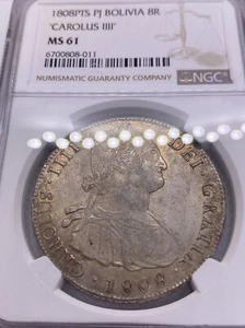 1808 PTS PJ SILVER CHARLES IIII 8 REALES BOLIVIA NGC MS-61 VERY RARE UNC COIN - Picture 1 of 11