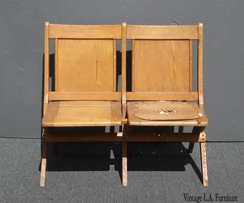 Vintage French Country Farmhouse Chic Oak Stadium Seats ~ Folding Chairs AS - IS Cover