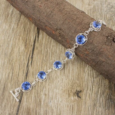 Round Tanzanite 925 Sterling Silver Wedding Anniversary Chain Mother Bracelet - Image 1 of 4
