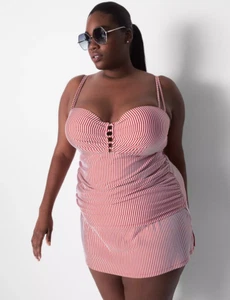 LANE BRYANT CACIQUE SWIM WHITE RED SEERSUCKER UNDERWIRE TANKINI TOP SZ 40F - Picture 1 of 4