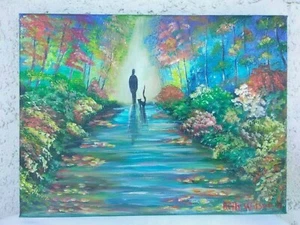 Original Acrylic Painting 9"x12" Canvas Autumn Fall Leaves Cat Wall Decor Art* - Picture 1 of 5