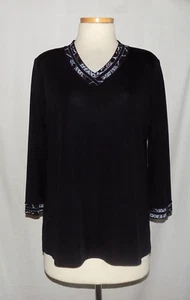Top túnica Misook negro tejido acrílico con estampado azul pálido y marrón cuello en V XL - Imagen 1 de 5