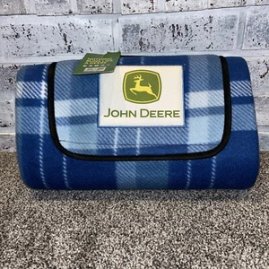 JOHN DEERE Blue Plaid Fleece Blanket With Waterproof Back W/handle 32” X 55” - Picture 1 of 6