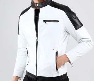 Men's White Sheepskin Leather Biker Jacket Slim Fit Black Trim Zipper Casual - Picture 1 of 4