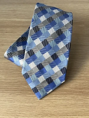 Geoffrey Beene Blue, White and Gray Checkered 100% Silk Designer Tie - Image 1 of 4