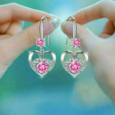 4Ct Lab Created Pink Diamond Halo Drop Dangle Earrings 14K White Gold Plated - Image 1 of 4