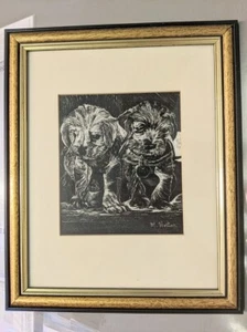 VTG Signed M. Horton Scratchboard Art Two Puppies Animal Portrait - Picture 1 of 3