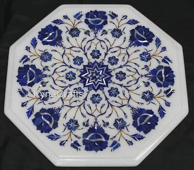 Balcony Table with Lapis Lazuli Stone Inlay Work Octagon Marble Coffee Table Top - Image 1 of 4