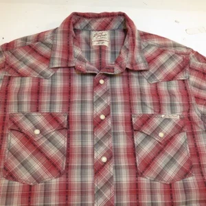 LUCKY BRAND JEANS COWBOY WESTERN SNAP UP SHIRT Mens L Plaid Red - Picture 1 of 3