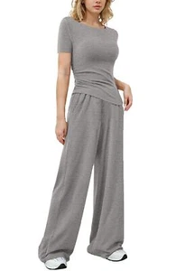 Women's 2 Piece Lounge Sets Asymmetrical Short Sleeve Wide Leg Pants Casual O... - Picture 1 of 6
