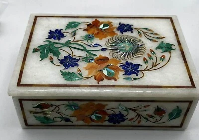 White Marble Jewelry Box Inlaid with Gemstones -Pietra Dura- 5” Lapis, Malachite - Image 1 of 4