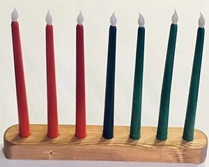 Kwanzaa Set Flameless Battery Electric Candles & Handmade Wood Kinara - 8 Pieces - Picture 1 of 9