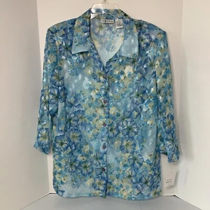 The Tog Shop Bluse Damen Gr. 16 blau Blumenmuster Knopfleiste Crinkle-Schnitt durchsichtig Oberteil - Bild 1 von 13