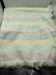 Pastel Color Vintage Baby Blanket ABC Moon Stars Fringe Throw Blanket No Tag - Picture 1 of 6