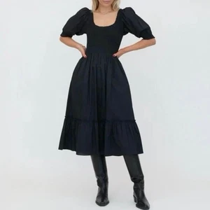 Hill House The Louisa Nap Kleid schwarz gesmoktes Mieder Puffärmel Rüschen Gr. L - Bild 1 von 12
