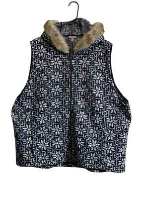 Colete de malha Talbots zíper completo azul marinho acabamento de pele sintética capuz floco de neve nórdico tamanho 3X - Imagem 1 de 4