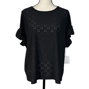 LC Lauren Conrad X-Large Top Eyelet Ruffled Cap Sleeves Stretch Round Neck Black - Picture 1 of 9