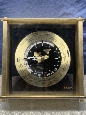 SEIKO Japan Quartz World Time Zone Mantel Clock Airplane Hand Brass/Glass QZ885A - Image 1 of 4