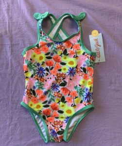 Cat & Jack Baby Girl 1 Piece Neon Flowers Swimsuit Crossed Strap Bow Multicolor - Picture 1 of 2