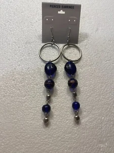 Pierced Drop Earrings Dark Blue Glass Beads Silver loop swivel Dangle SS - Picture 1 of 15