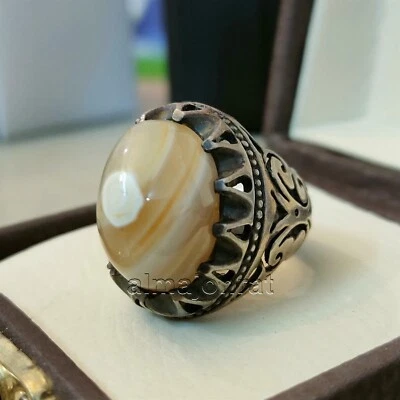 Antique Old Ring Natural Eye Agate Stone Ring 925 Silver - - Image 1 of 4