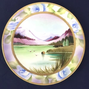 Beautiful Vintage Nippon Hand Painted 9" Plate Pink Snow Capped Mountain Scene - Picture 1 of 7