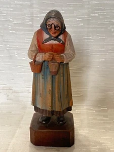 Hard Carved Hand Painted Wooden Old European Woman Lady Figurine 7” Germany - Picture 1 of 5