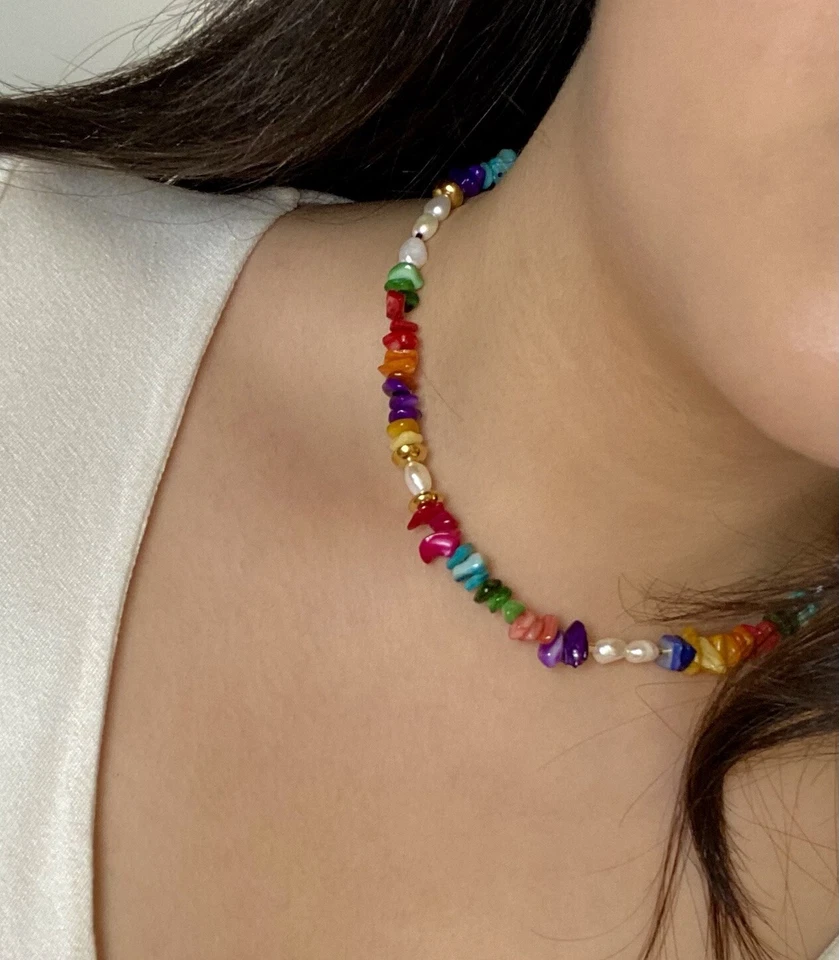 Colar feminino multicolorido com miçangas e pérolas comprimento ajustável - Imagem 1 de 4