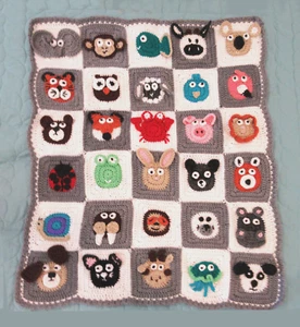Adorable 3D Zoo Animal Crochet 30 Granny Square Handmade Baby Blanket Nursery - Picture 1 of 7