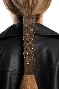 Hair Glove® Diamond Cut-out w/Lace & Studs Brown Leather Ponytail Holder Hair 8" - Picture 1 of 3