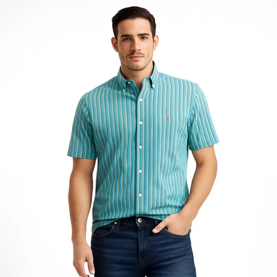 Ralph Lauren Mens Shirt Blake Button Down Green Pink Stripe Short Sleeve Size L - Image 1 of 4