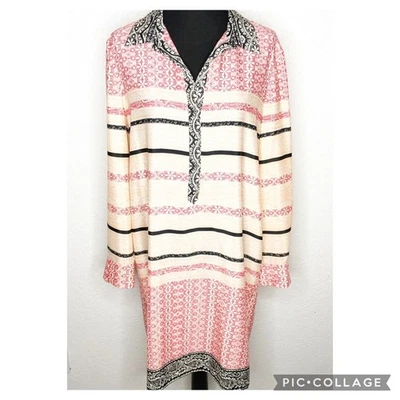 Antonio Melani Rosa Crema Negro Floral Rayas Botón Camisa Vestido Talla 14 Foto 1 de 4