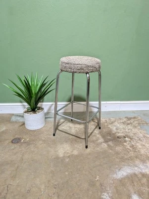 Vintage Mid Century Bar Stool Chrome Grey Fabric Kitchen - Image 1 of 4