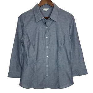 NEW Garnet Hill Chambray Blue Easy Button Up Shirt XS Collared 3/4 Sleeve Top - Picture 1 of 6