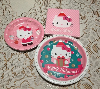 PINK Hello Kitty HAPPY HOLIDAYS! CHRISTMAS Tableware : 9” and 7” Plates, Napkins - Image 1 of 2