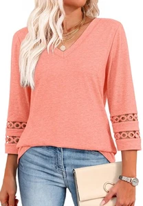 3/4 Length Sleeve Womens Tops and Blouses Lace Sleeve V Neck Tshirts Spring O... - Picture 1 of 6