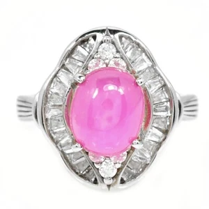 925 STERLING SILVER PINK RED RUBY OVAL CABACHON & WHITE CZ RING, SIZE 7 - Picture 1 of 8