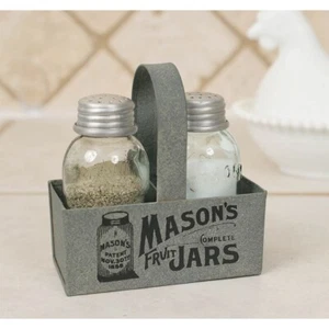 Farmhouse/Cottage/Primitive Mason Jar Box Salt & Pepper Caddy W/ Wooden Handle - Picture 1 of 1