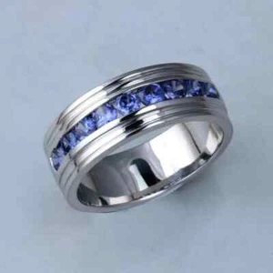 2.00 CT Round Shape Simulated Blue Sapphire Men's Band Ring 925 Sterling Silver - Picture 1 of 7