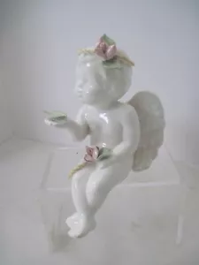 Angel Figurine White Porcelain Cherub Shelf Sitter with Pink Rosettes Vintage - Picture 1 of 15
