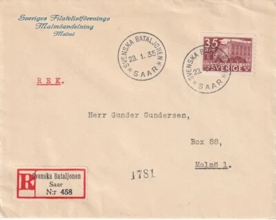 SWEDEN: Registered cover, Swedish Battalion in SAAR 1935, Scarce. (3) - Image 1 of 3
