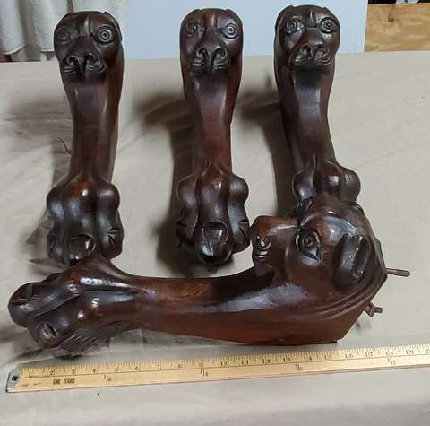 Set 4 Antique Carved Lion Oak Table Legs w/Castors Cover
