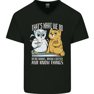 An Owl & Cat Book Reading Bookworm Mens V-Neck Cotton T-Shirt - Picture 1 of 37
