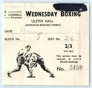 1947 Boxing Ticket, Wednesday Boxing at The Ulster Hall Belfast Ireland, rf1 - Picture 1 of 4